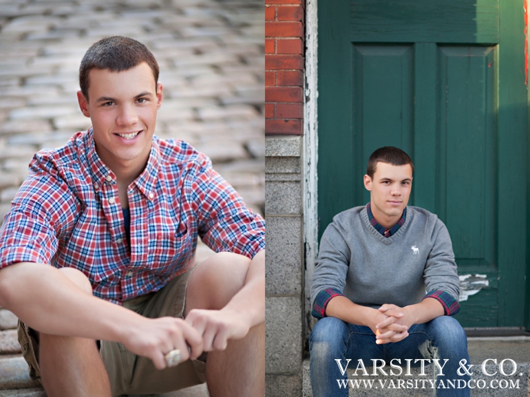 Guys senior pictures on a cobblestone street