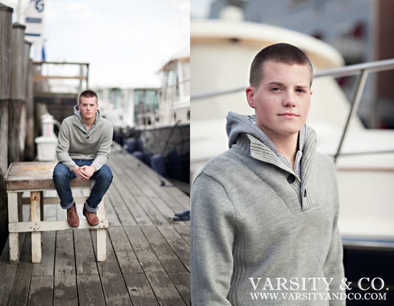 guy standing by the dock in Maine senior picture