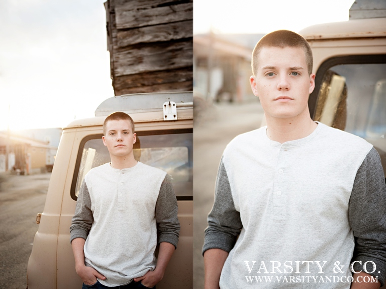 guy leaning on a VW van senior picture