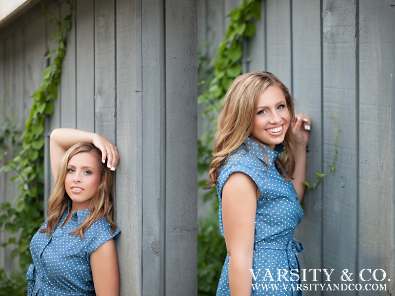 girl in blue polka dot dress senior picture