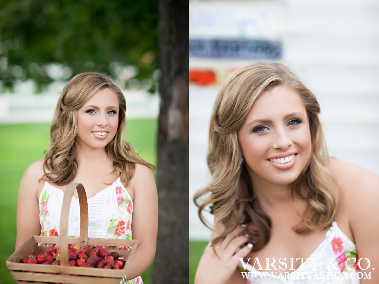 girl holding a basket of strawberries senior picture