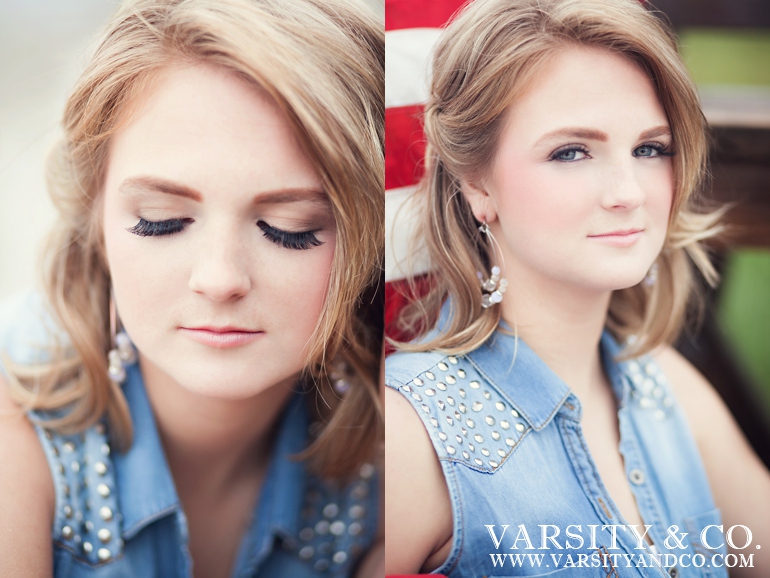 girl with an american flag behind senior picture