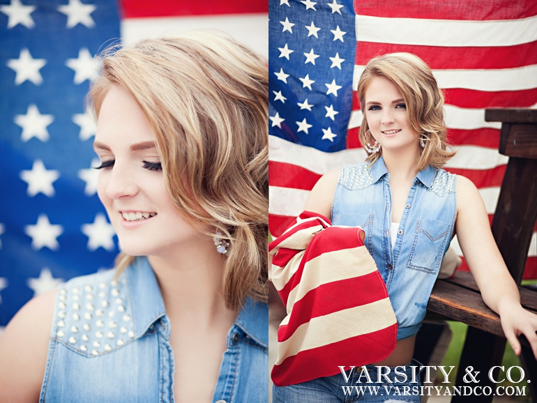 girl with an american flag behind senior picture